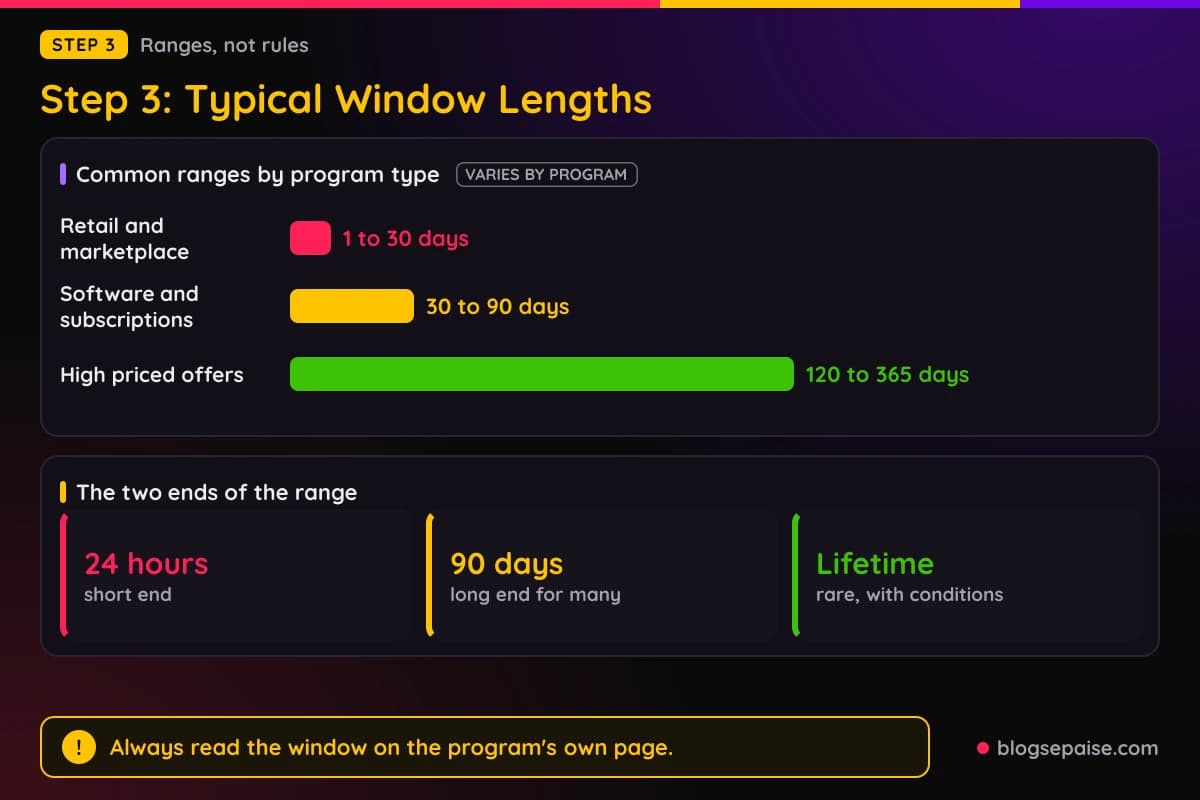 Bar chart of typical affiliate cookie window ranges for retail, software, and high priced programs, with a reminder that the short end is 24 hours and the long end is lifetime