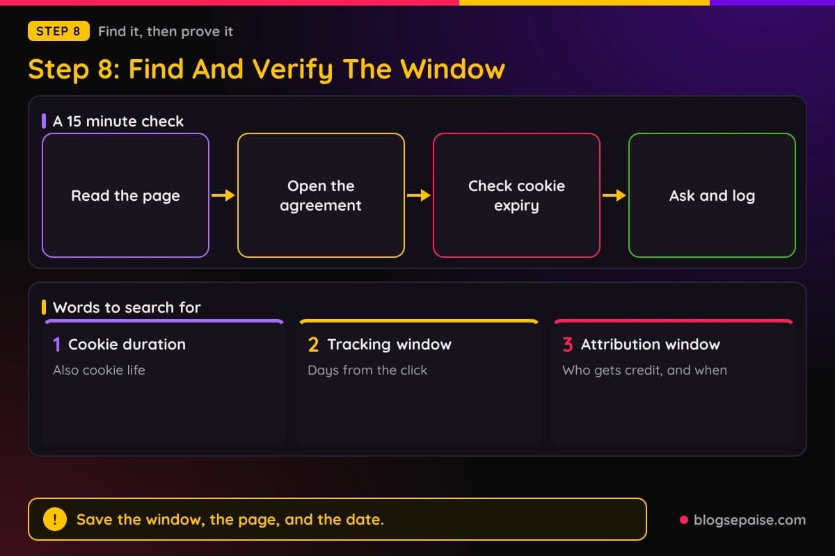 Four step flow for finding and verifying a cookie window, with cards listing the words to search for such as cookie duration, tracking window, and attribution window