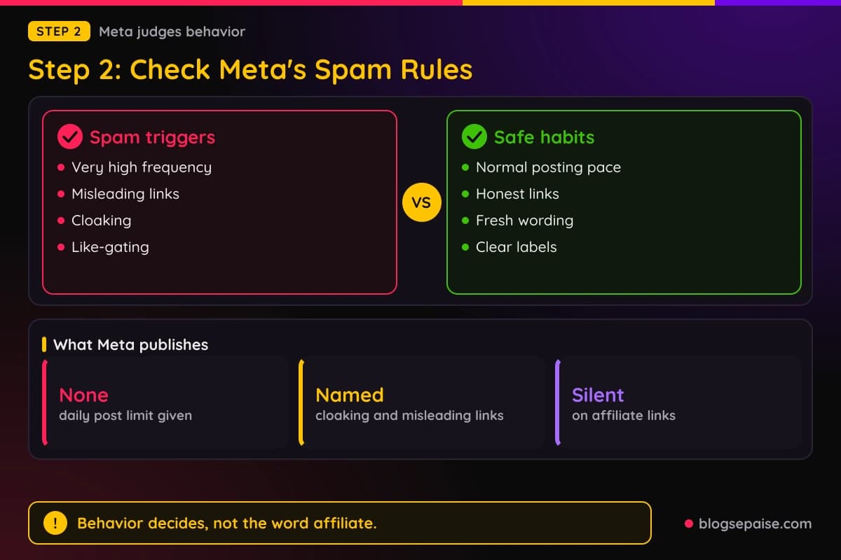 Comparison of Meta spam behaviors to avoid against safe habits, with stats showing Meta publishes no post limit and does not name affiliate links