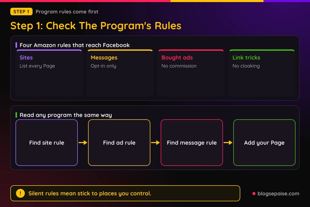 Cards showing four Amazon Associates rules that affect Facebook posts, sites, messages, bought ads, and link tricks, with a four-part checklist for reading any program's terms