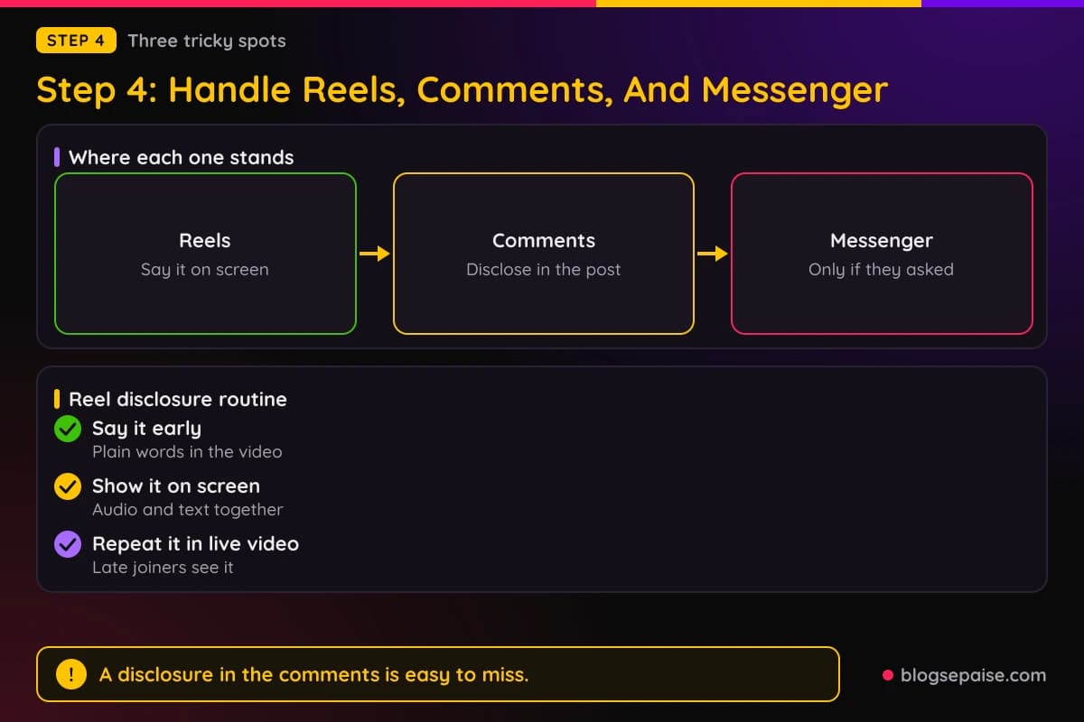 Flow diagram of Reels, comments, and Messenger placements with the disclosure rule for each, plus a checklist for spoken disclosure in video