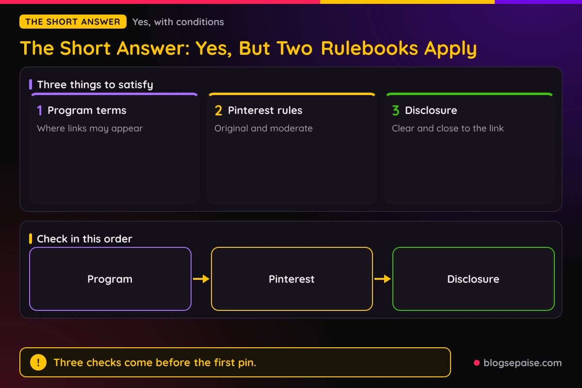 Three rulebooks for an affiliate pin, Pinterest guidelines, the program terms, and FTC disclosure, plus the order to check them in