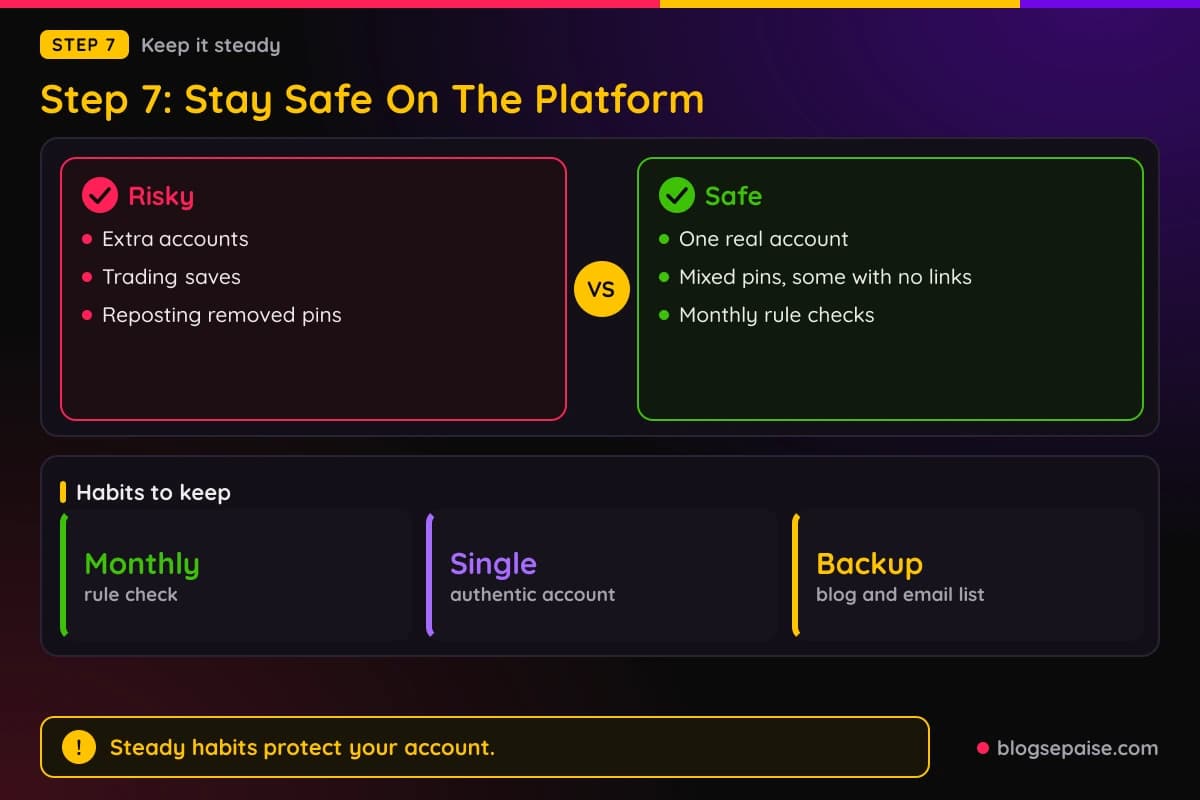 Checklist of four safe habits and four risky habits for affiliate pins, with 1 account as the key number