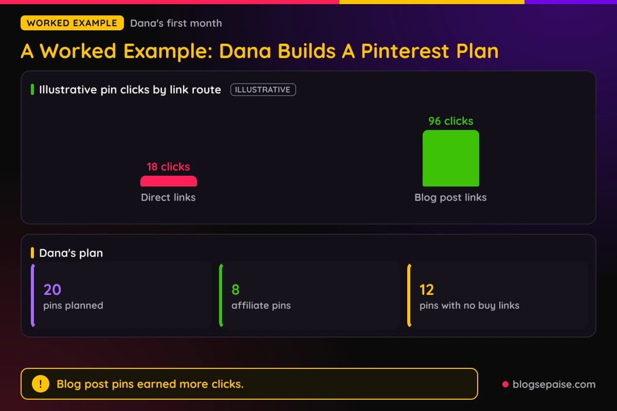Bar chart of illustrative clicks by link route, 18 clicks on direct links and 96 on blog post links, with a stats row of 20 pins, 8 affiliate pins, and 12 pins with no buy links