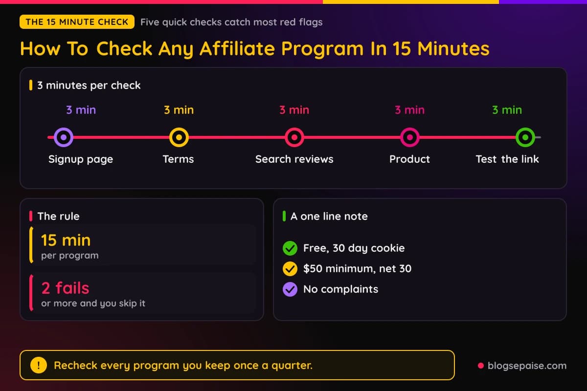 Five three minute checks that make up a 15 minute affiliate program review