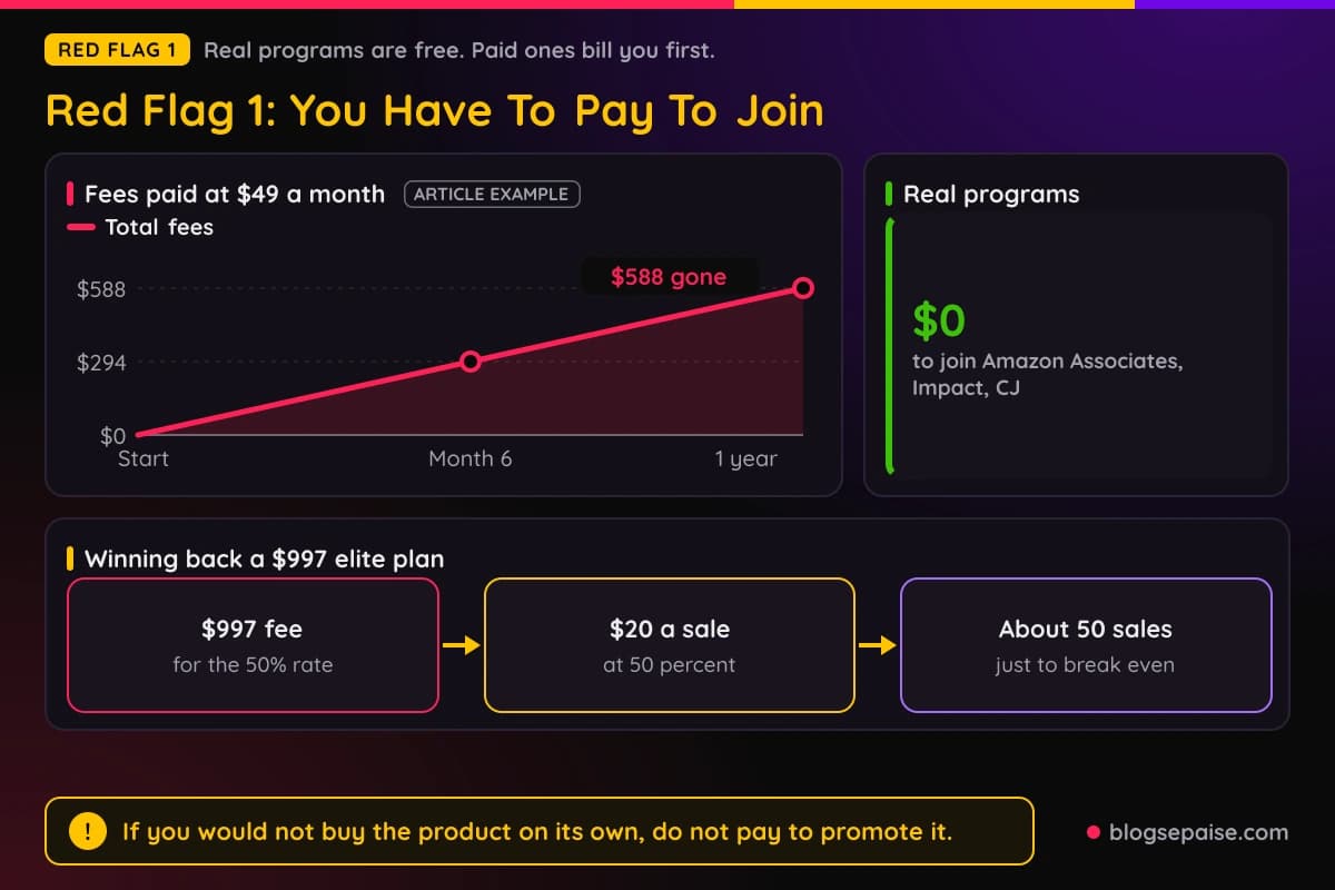 Cost of a 49 dollar monthly fee over a year and the sales needed to win back a 997 dollar elite plan