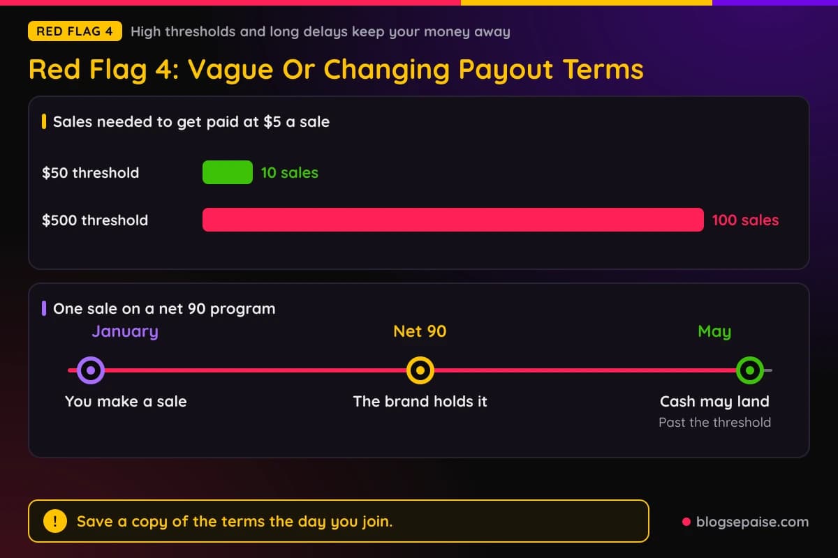 Sales needed to reach a 50 dollar versus a 500 dollar payout threshold and a net 90 payment timeline