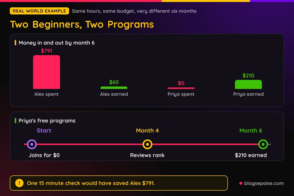 Alex and Priya compared after six months on a paid program and free programs
