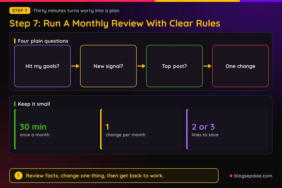 Monthly review loop from check goals to pick one change
