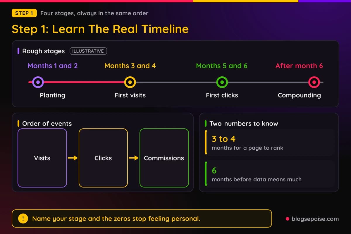 Four stage timeline from planting to first commission with an illustrative growth curve