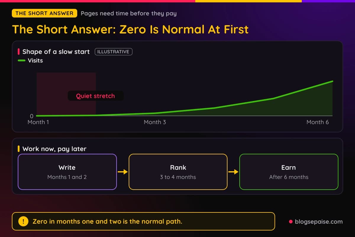 Illustrative timeline showing zero visits early and growth after month three
