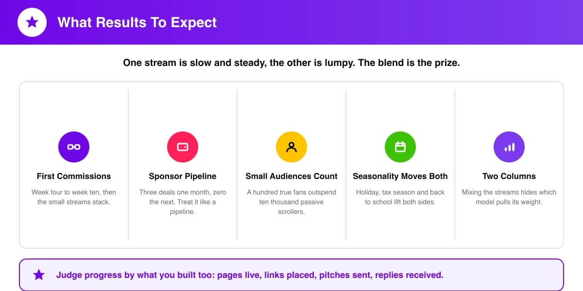 What results to expect from affiliate marketing and sponsorships, from first commissions to a lumpy deal pipeline
