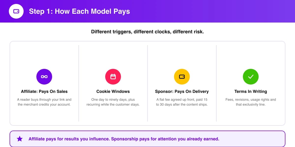 How affiliate marketing and sponsorship payments work, including cookie windows and net thirty terms