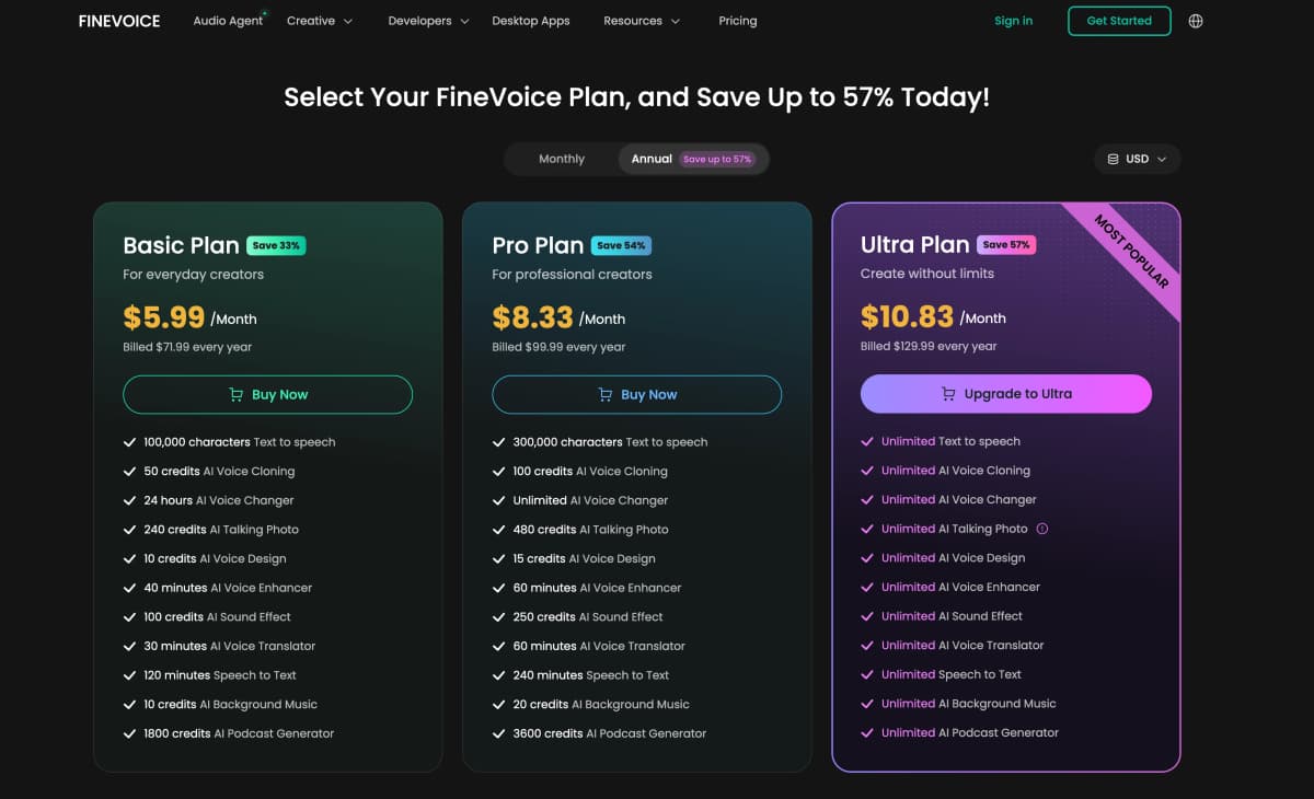 FineVoice pricing plans showing Basic, Pro, and Ultra annual plans
