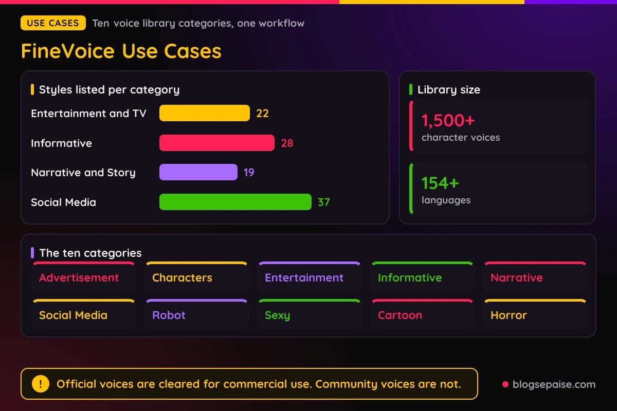 FineVoice voice library categories for ads, characters, entertainment, education, stories, and social media