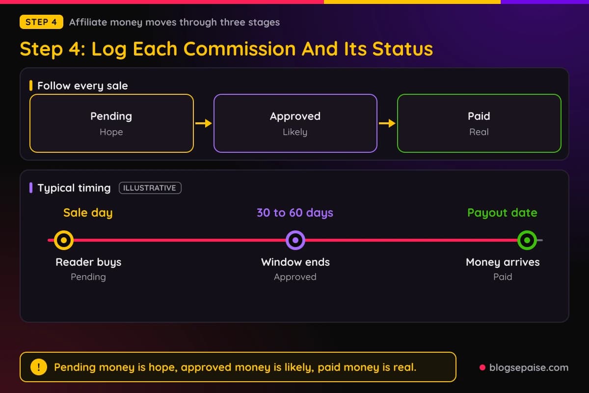 Commission journey from sale to pending, approved, and paid with a timeline