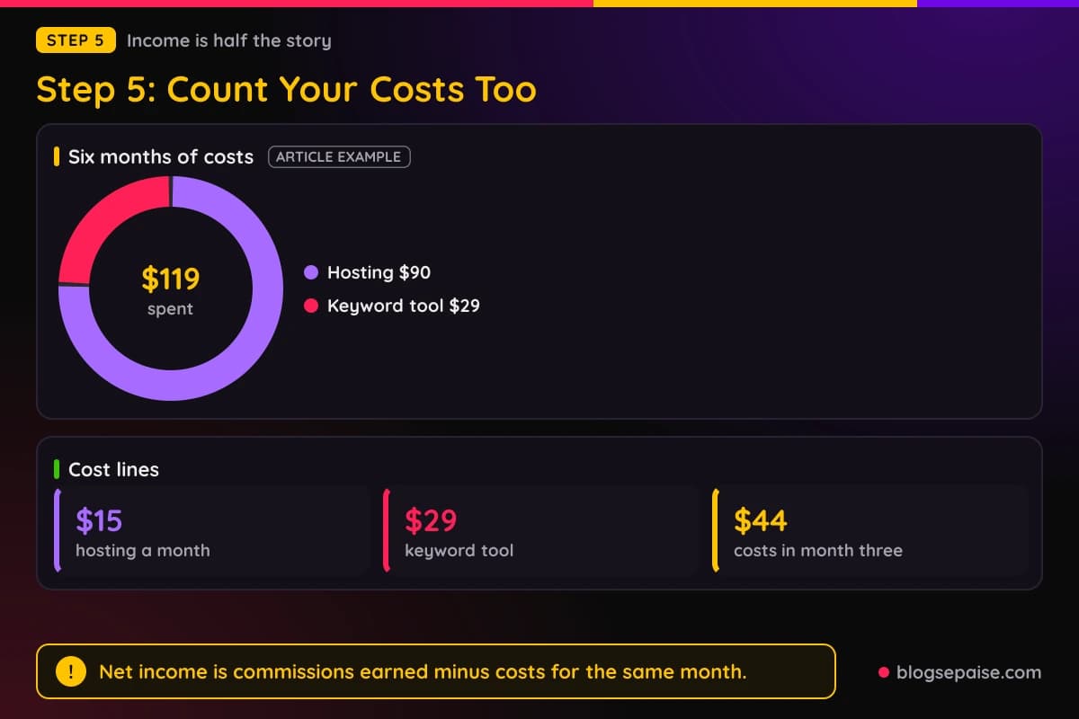 Donut chart of example costs split between hosting and a keyword tool with a cost total