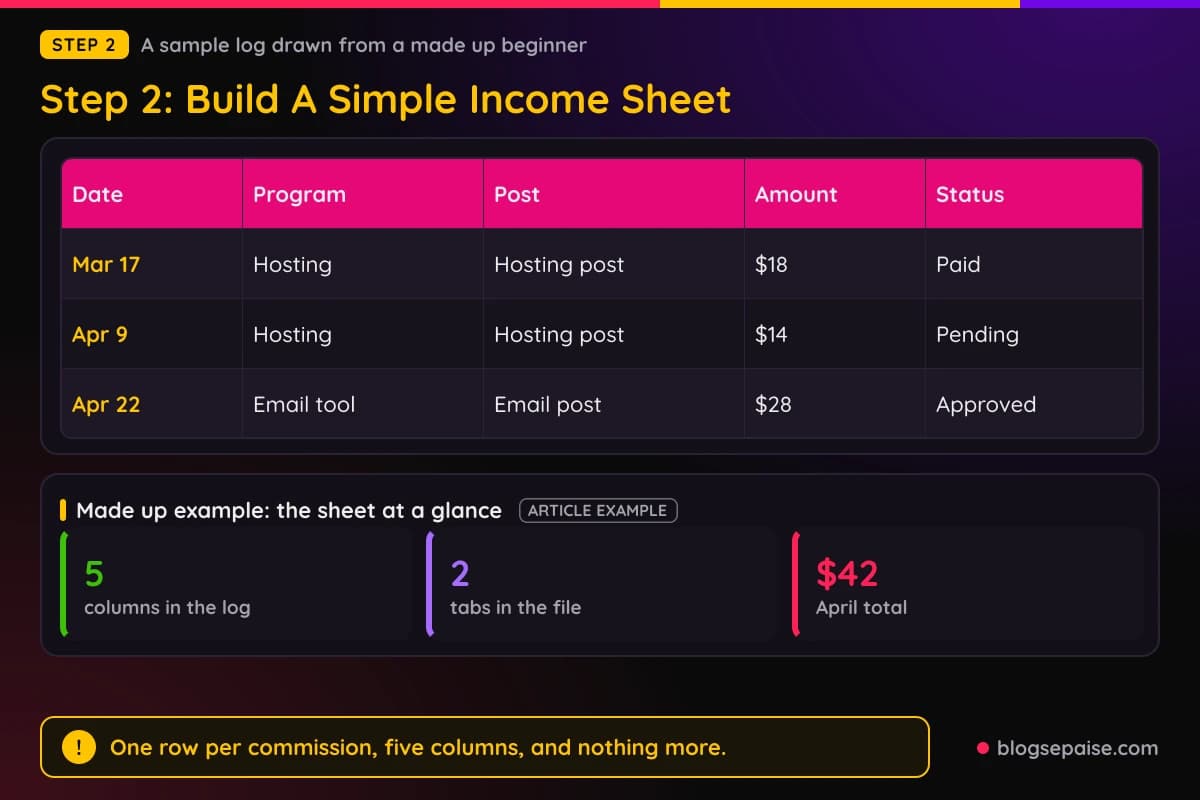 Sample affiliate income log with date, program, post, amount, and status columns