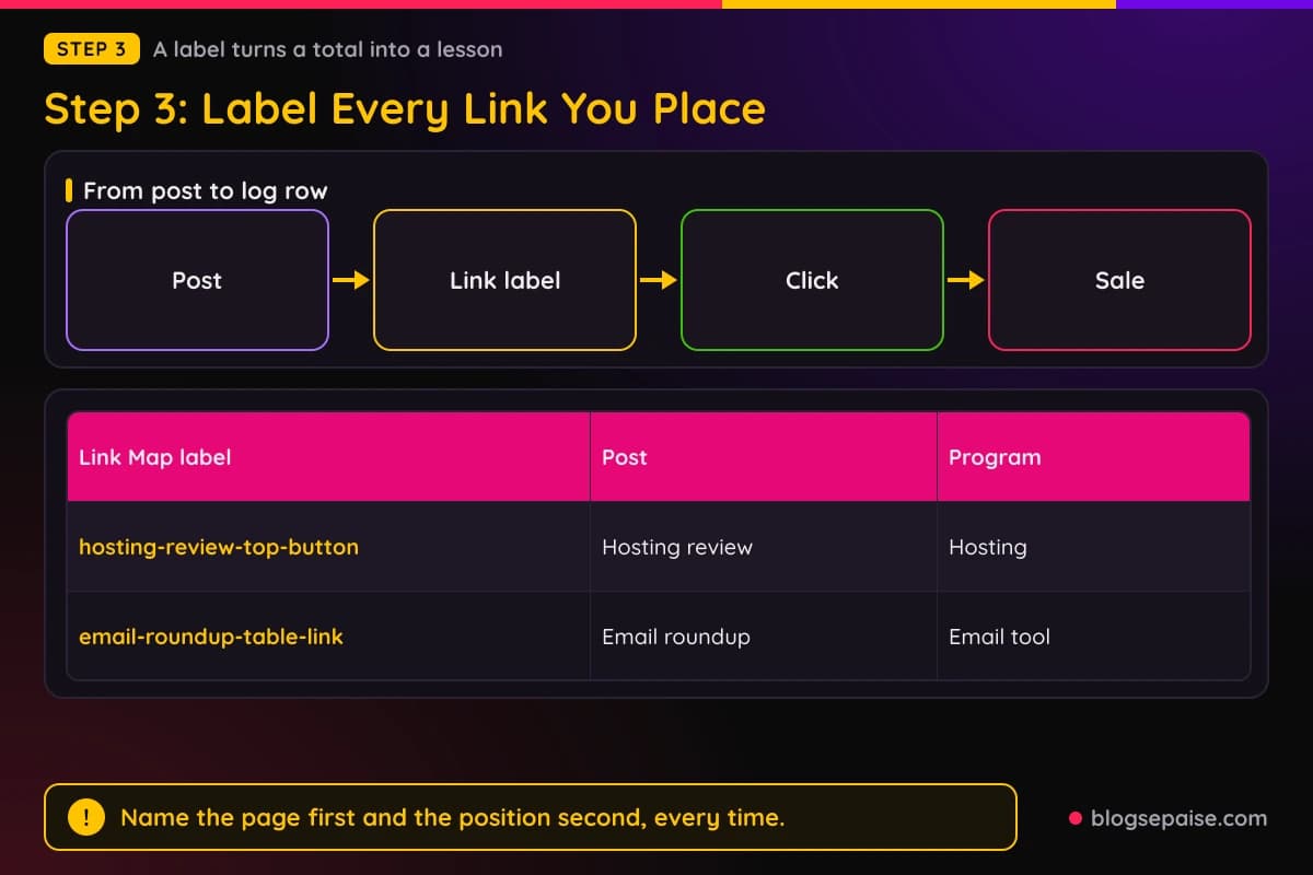 Flow showing a post, a link label, a click, and a sale feeding the income log