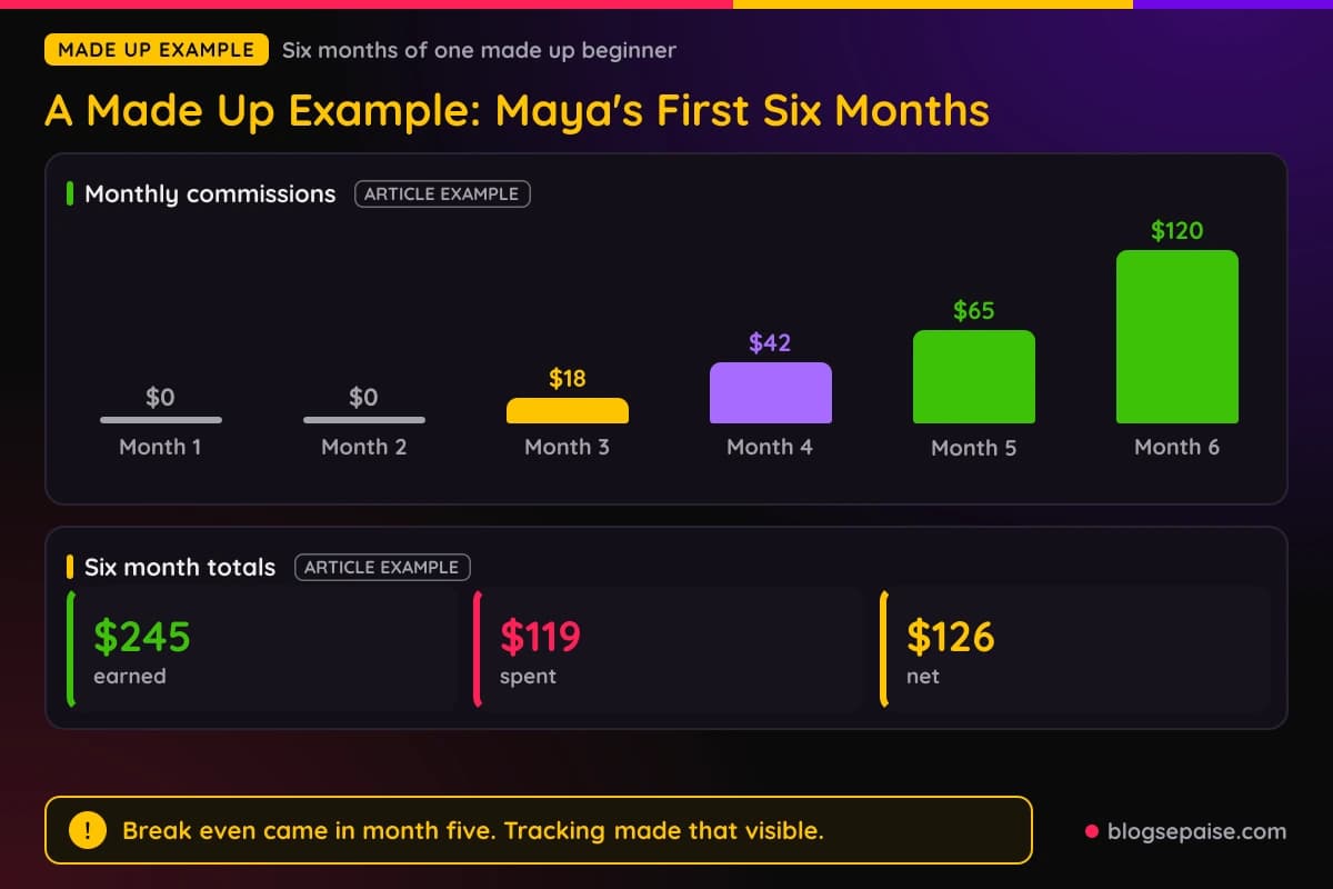 Made up example of six monthly commission totals from $0 to $120 with total costs and net income