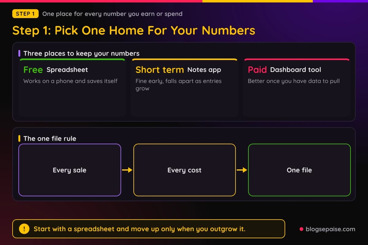 Three options for tracking affiliate income compared: spreadsheet, notes app, and dashboard tool
