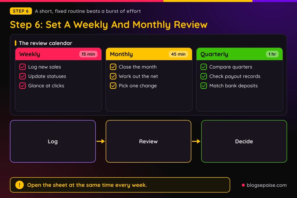 Calendar showing the weekly, monthly, and quarterly income review routine
