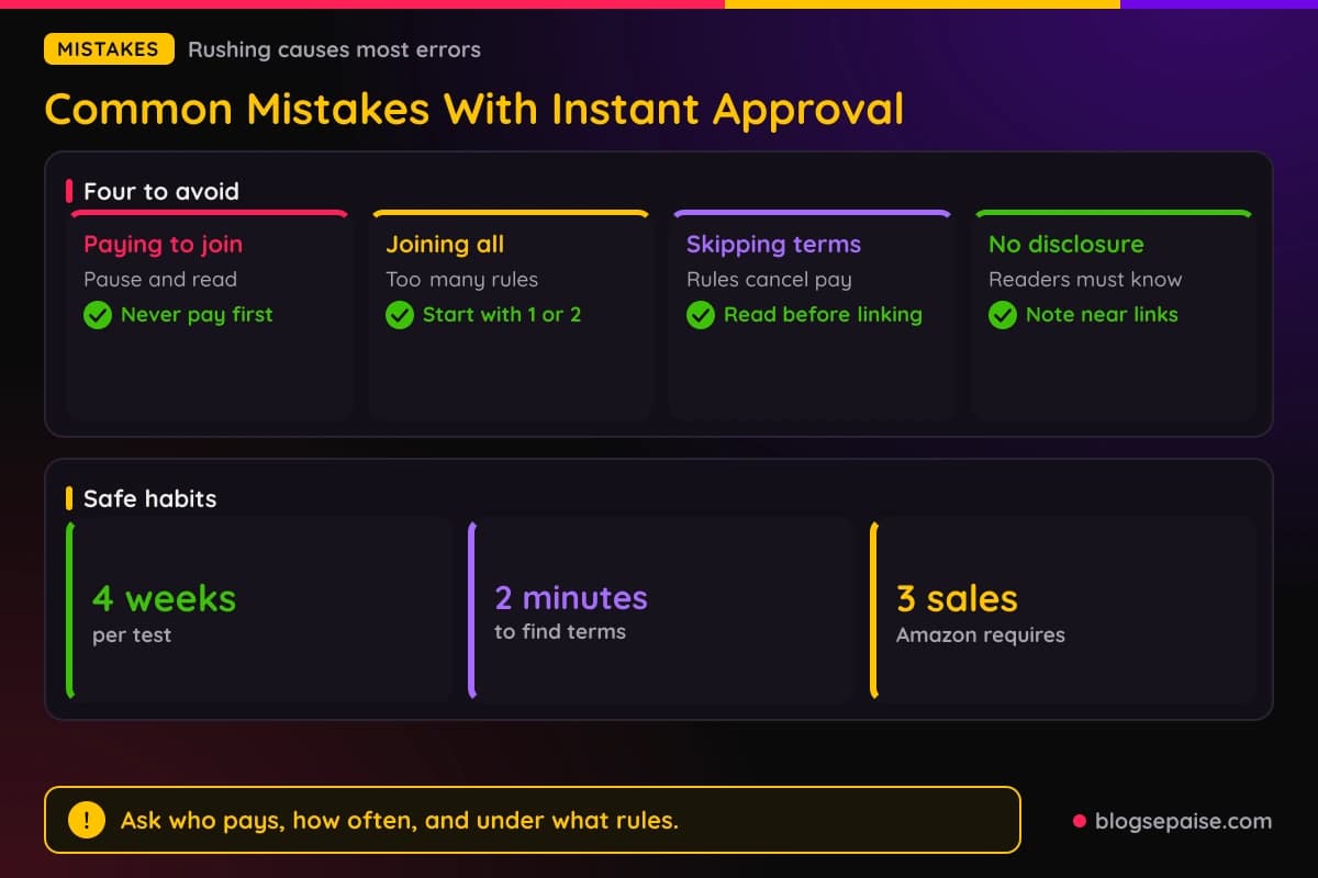 Cards of four common mistakes with the fix for each, plus a stats panel of safe numbers to aim for