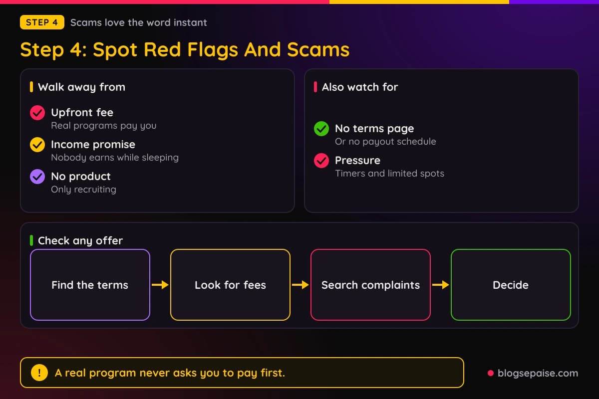 Checklist cards of five red flags in so-called instant income programs and a flow that shows how to check any offer in four moves