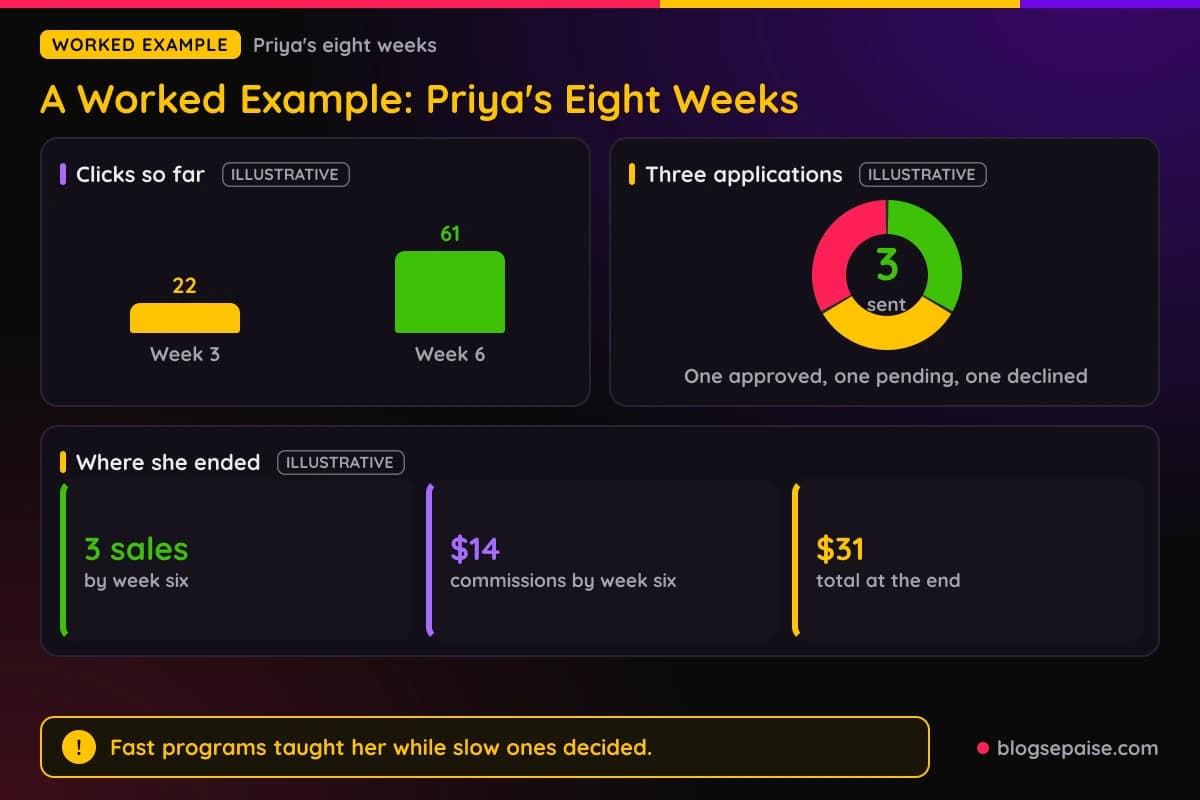 Bars of Priya's clicks at week three and week six, a donut of her three applications, and stats on her sales and commissions