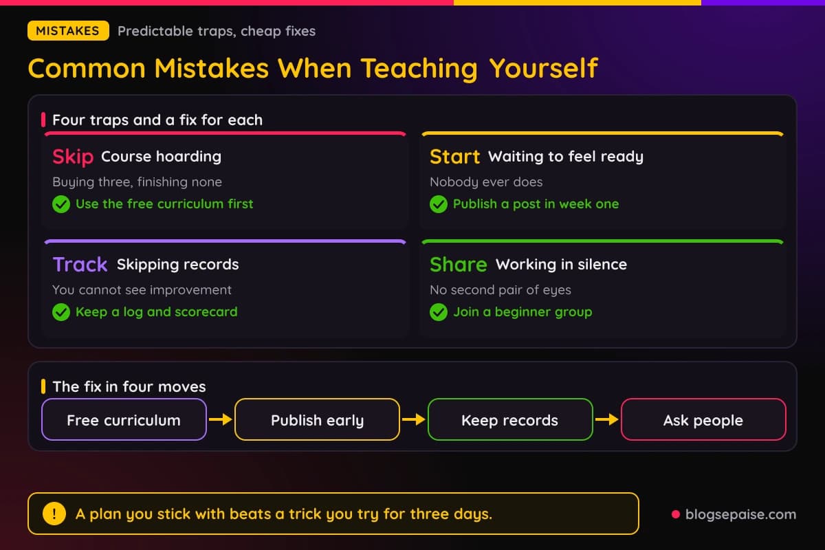 Cards showing four common self-study mistakes and a fix for each