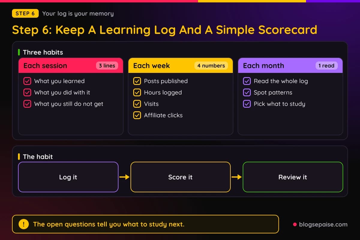 Cadence chart of learning log habits for each session, each week and each month