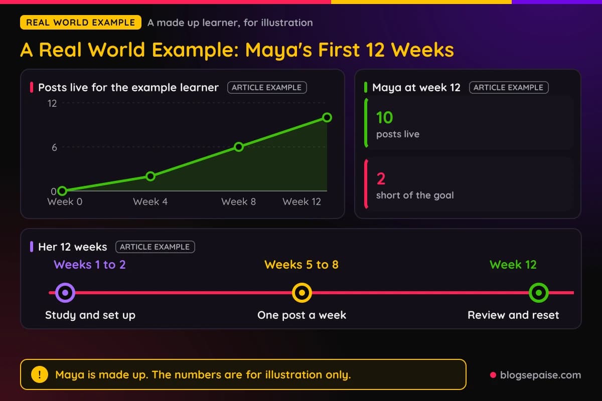 Line chart of an example learner who publishes weekly and reviews results