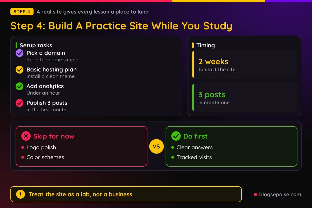 Checklist of the setup tasks for a first practice affiliate site