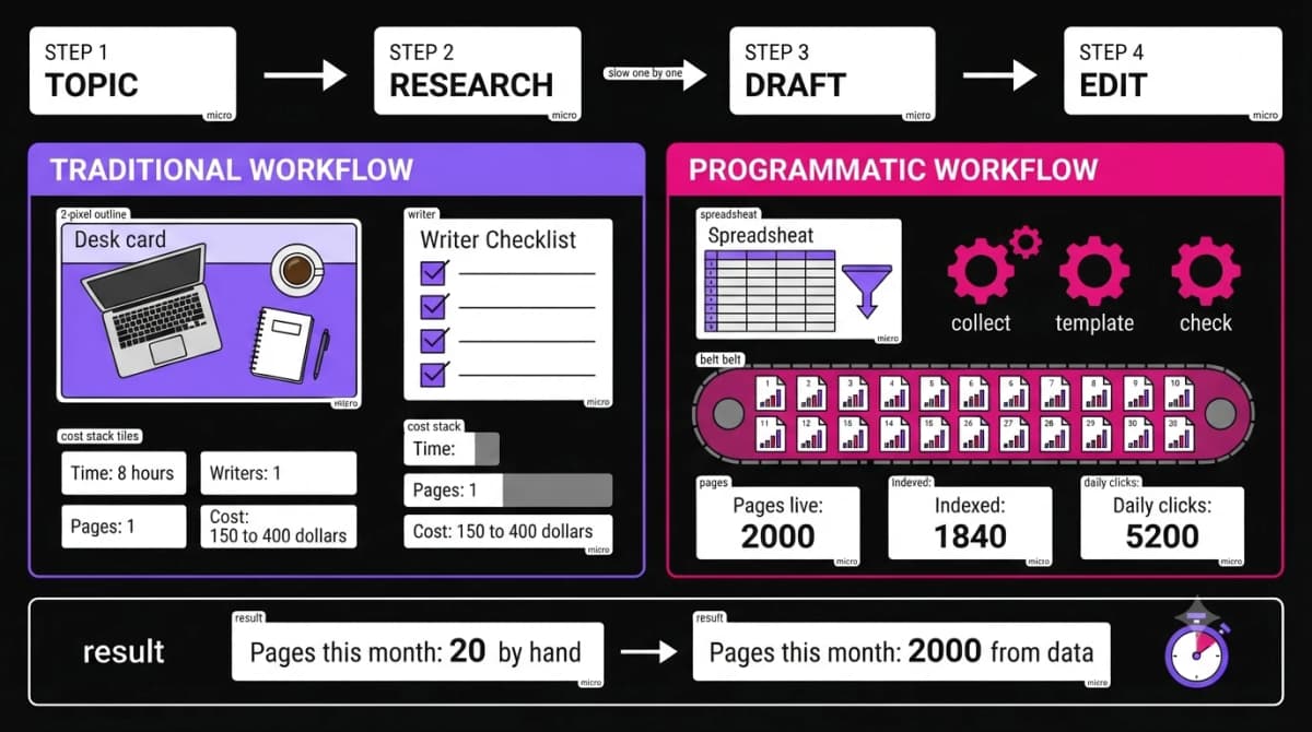 Traditional content workflow next to a programmatic SEO workflow