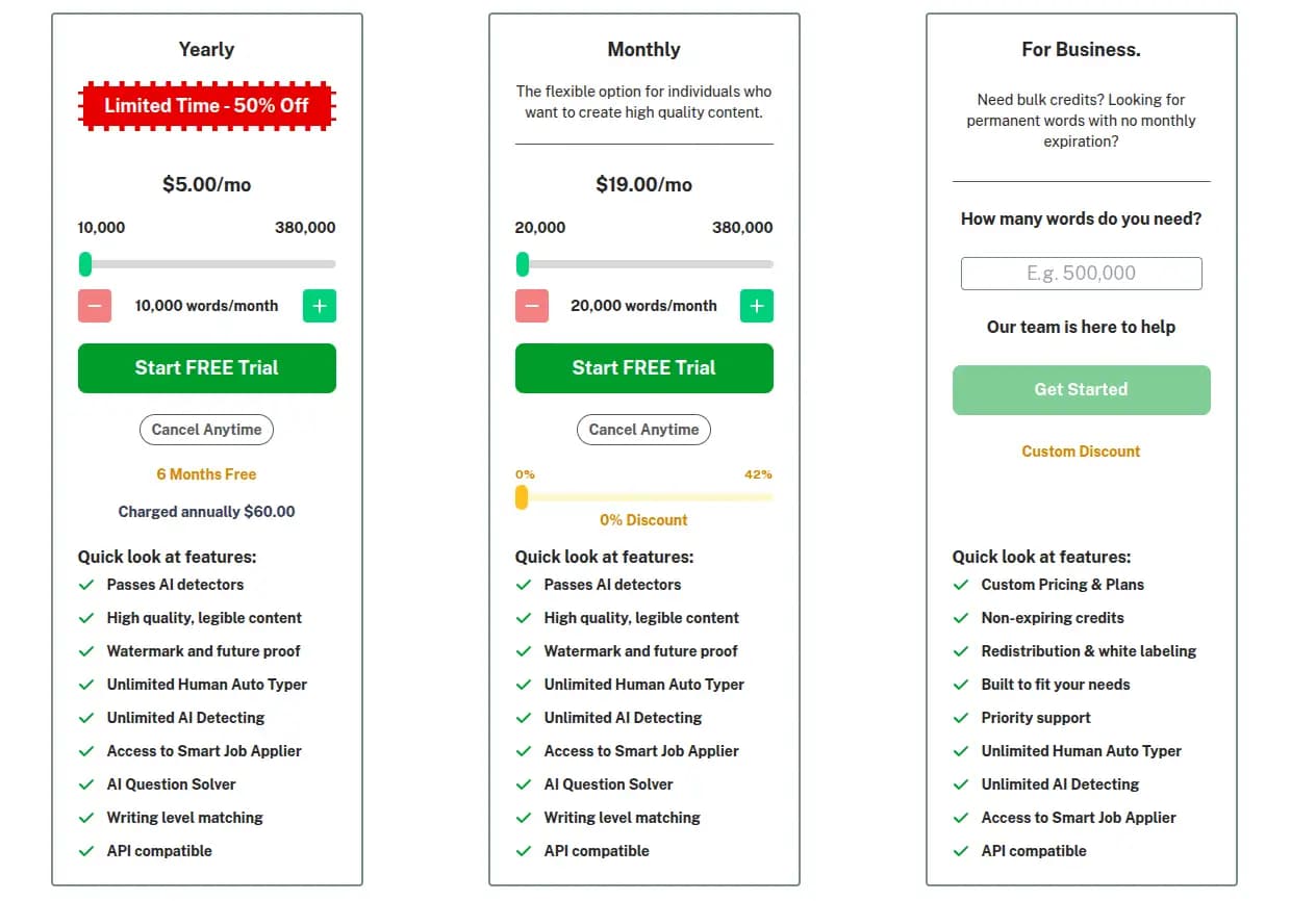 Undetectable AI pricing plans showing Yearly, Monthly, and Business options