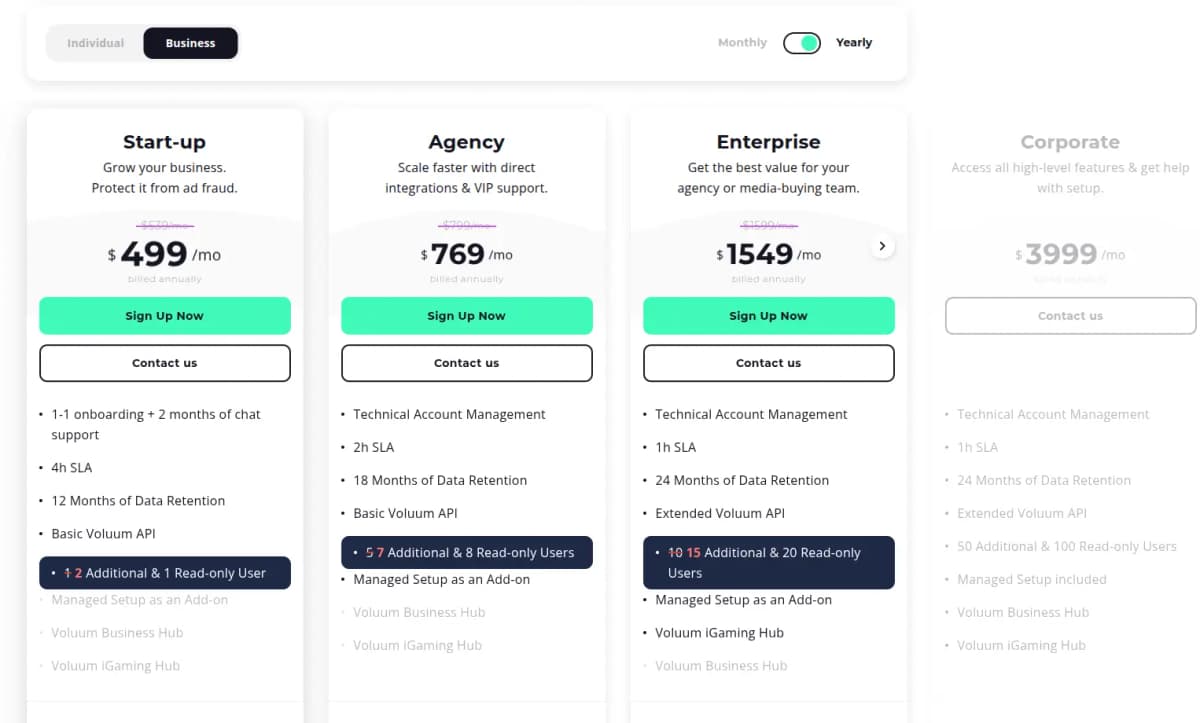 Voluum business pricing plans