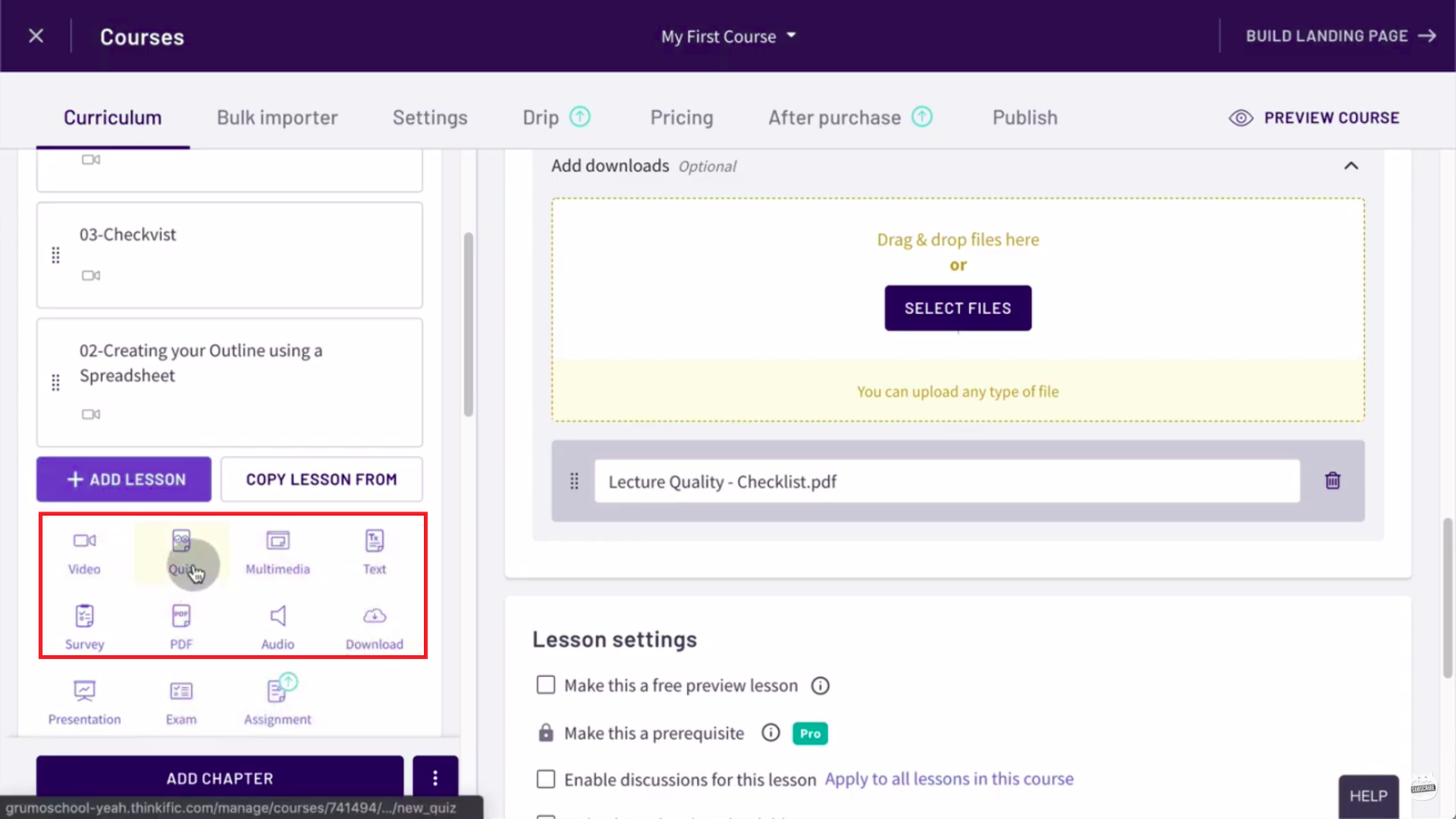 Thinkific-review-tutorial-create-site-create-quiz