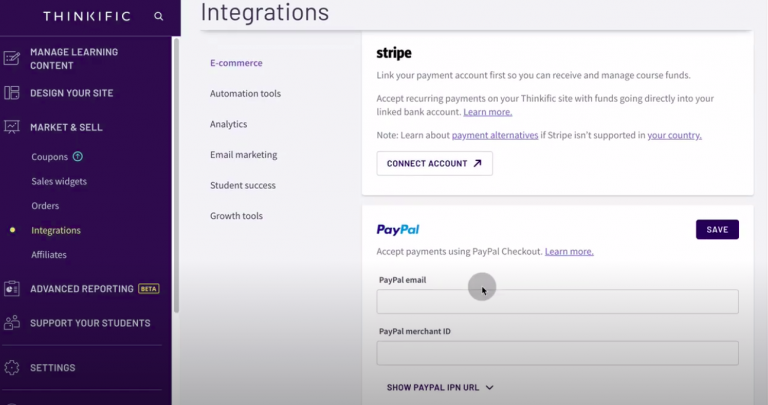 Thinkific-review-tutorial-create-site-paypal-stripe